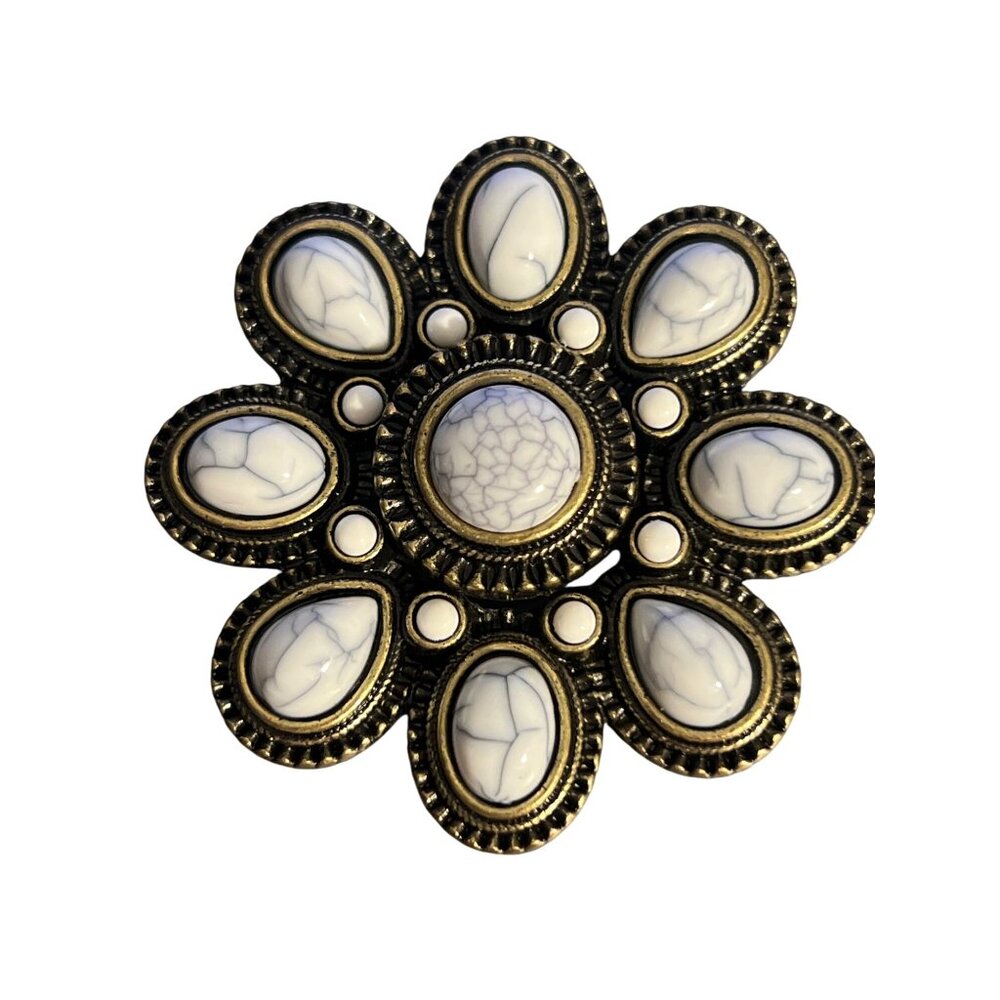 Premier Design Large Flower Brooch Pin Pendant Antique Gold Tone Acrylic 3" NWOT